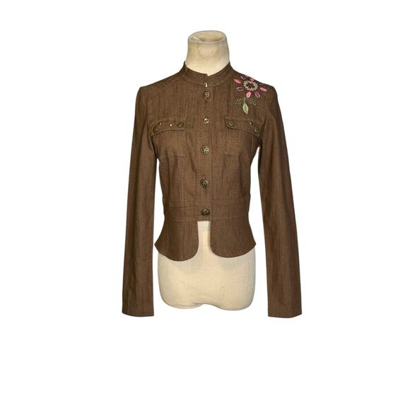 CELL brown floral embroidered denim jacket size S - Picture 11 of 16